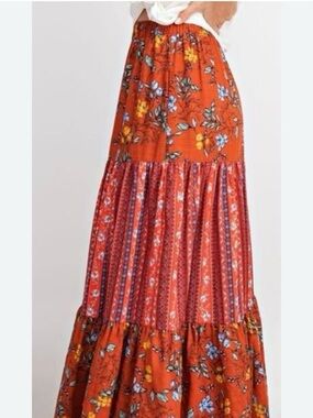 Three Bird Nest Rust Orange Floral Tiered Maxi Skirt